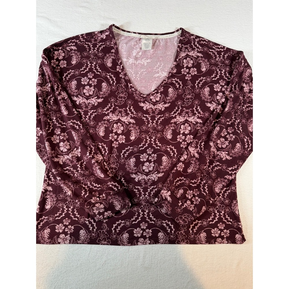 Lucky Brand Burgundy Pink Damask Floral V-Neck Long Sleeve Top Medium